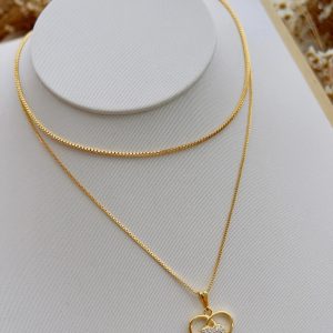 Colar Duplo Folheado a Ouro Micro Zircônia Coração